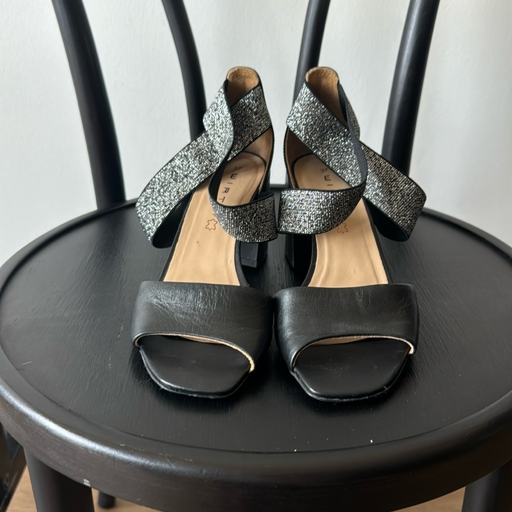 Wirth BLK leather heel w/ sparkle ankle straps SZ 37.